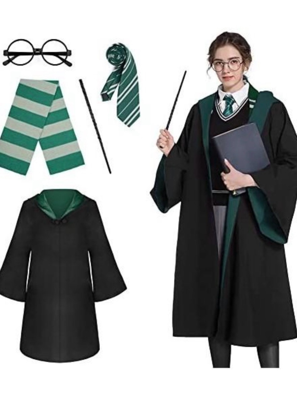 NWT Harry Potter Slytherin Costume Robe Scarf Tie Wand Glasses Adult Med 5 pc